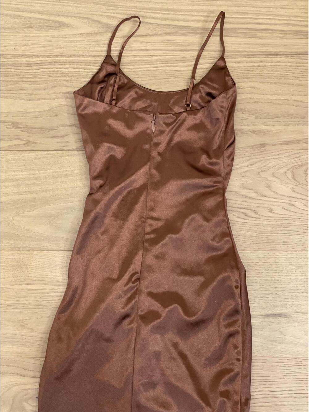 JLUXLABEL Satin Slip Midi Dress in Copper Brown
